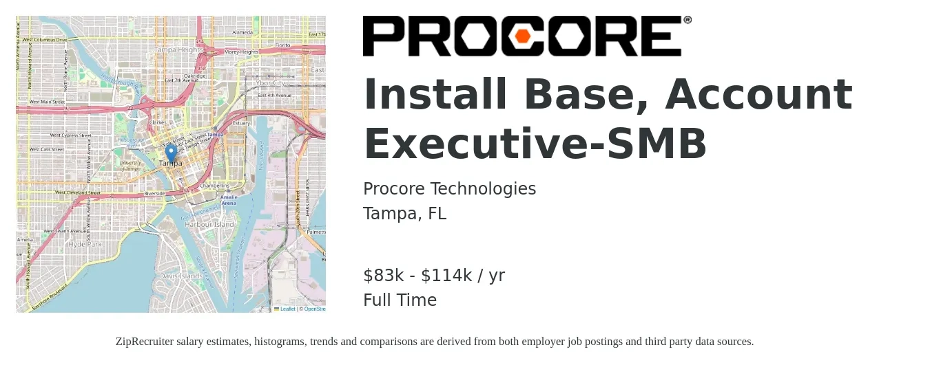 Procore Technologies job posting for a Install Base, Account Executive-SMB in Tampa, FL with a salary of $83,200 to $114,400 Yearly with a map of Tampa location.