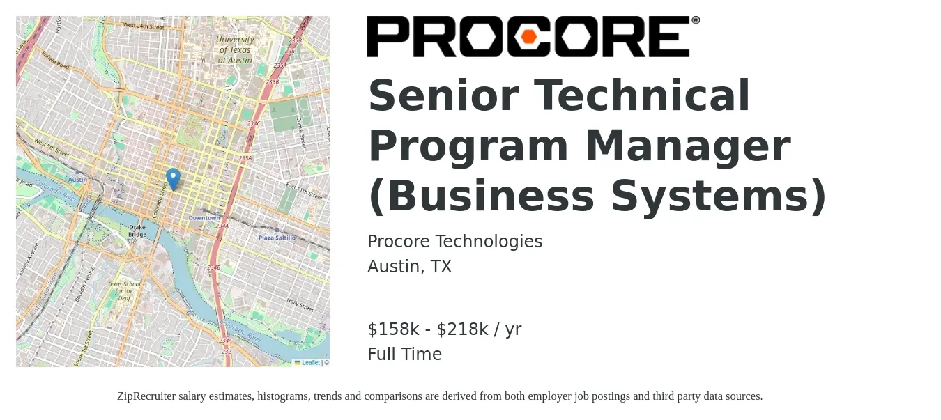 Procore Technologies job posting for a Senior Technical Program Manager (Business Systems) in Austin, TX with a salary of $158,680 to $218,185 Yearly with a map of Austin location.