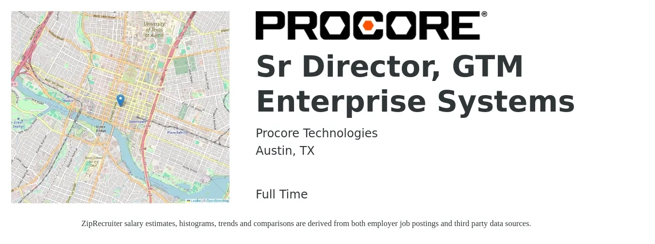 Procore Technologies job posting for a Sr Director, GTM Enterprise Systems in Austin, TX with a salary of $231,000 to $241,900 Yearly with a map of Austin location.