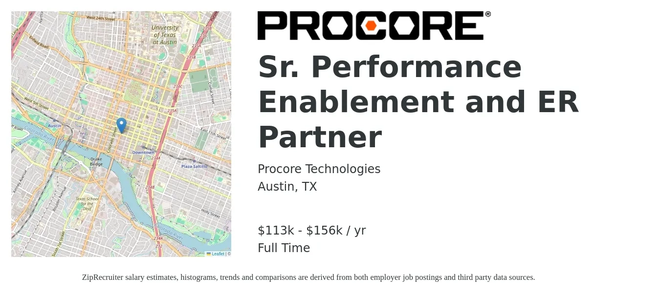 Procore Technologies job posting for a Sr. Performance Enablement and ER Partner in Austin, TX with a salary of $113,560 to $156,145 Yearly with a map of Austin location.