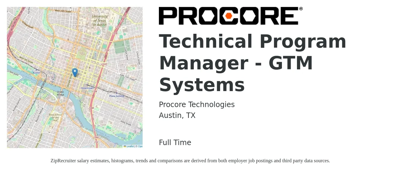 Procore Technologies job posting for a Technical Program Manager - GTM Systems in Austin, TX with a salary of $158,680 to $218,185 Yearly with a map of Austin location.