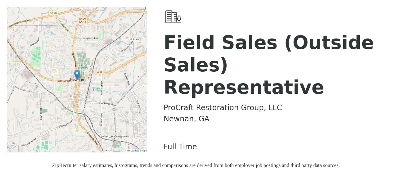 ProCraft Restoration Group, LLC job posting for a Field Sales (Outside Sales) Representative in Newnan, GA with a salary of $47,400 to $81,200 Yearly with a map of Newnan location.