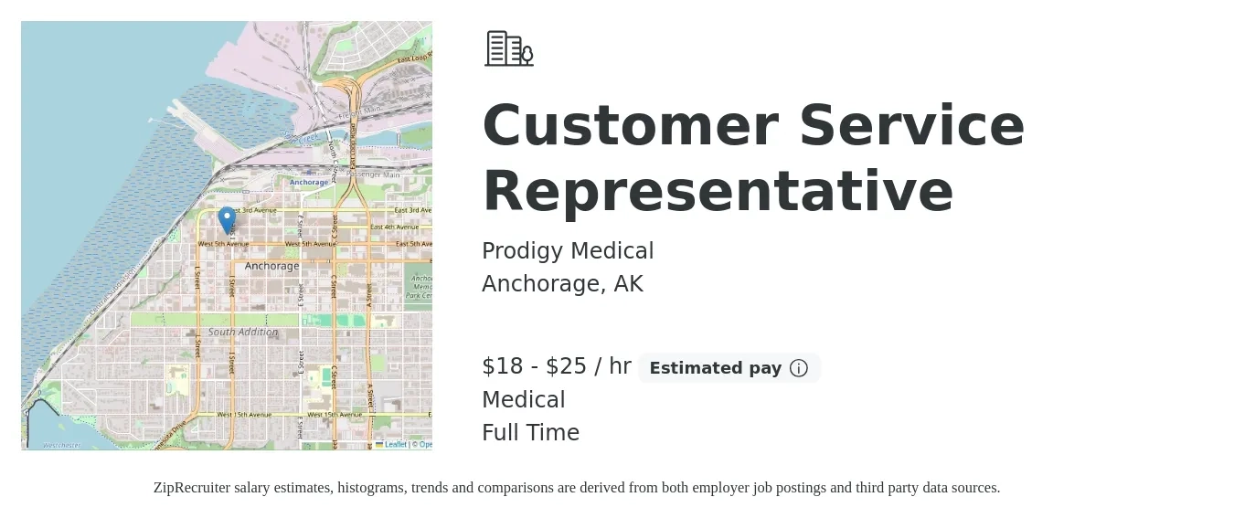 Prodigy Medical job posting for a Customer Service Representative in Anchorage, AK with a salary of $19 to $26 Hourly and benefits including medical, and pto with a map of Anchorage location.