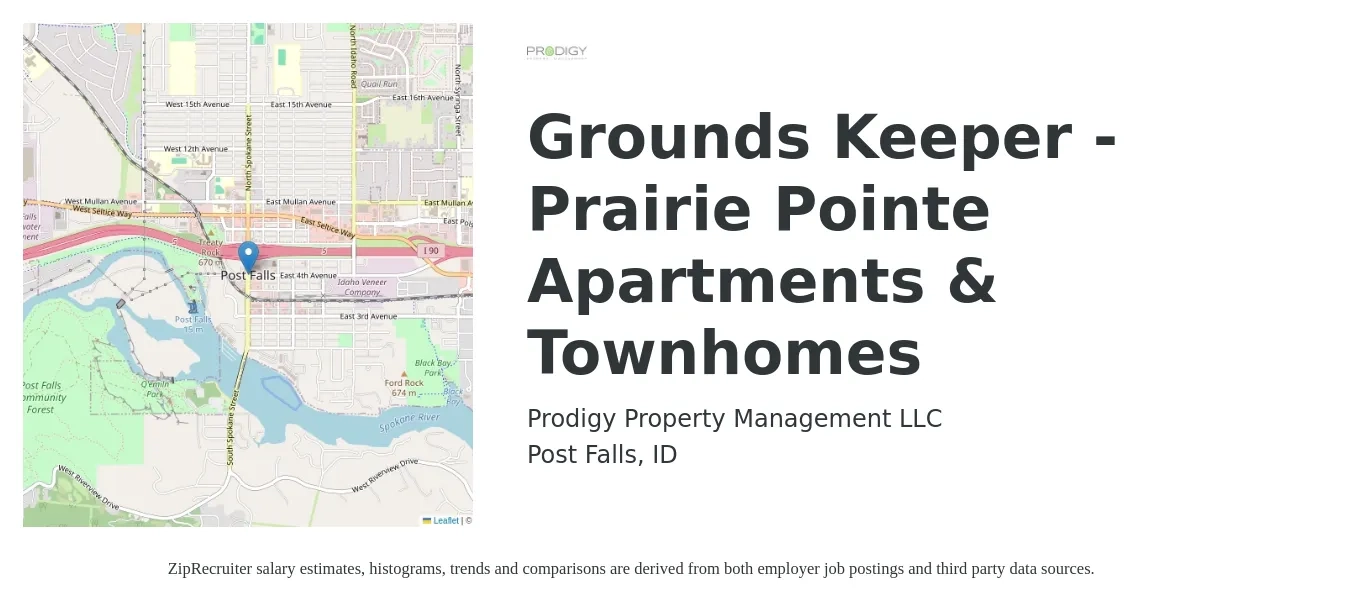 Prodigy Property Management LLC job posting for a Grounds Keeper - Prairie Pointe Apartments & Townhomes in Post Falls, ID with a salary of $15 to $19 Hourly with a map of Post Falls location.