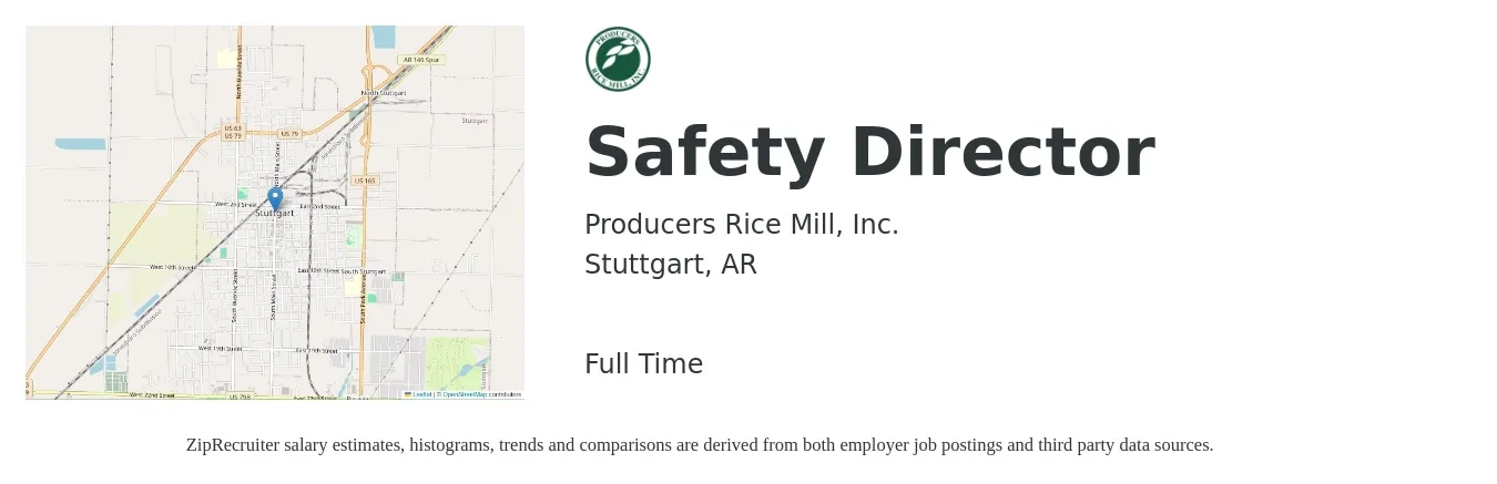 Producers Rice Mill, Inc. job posting for a Safety Director in Stuttgart, AR with a salary of $78,200 to $122,500 Yearly with a map of Stuttgart location.