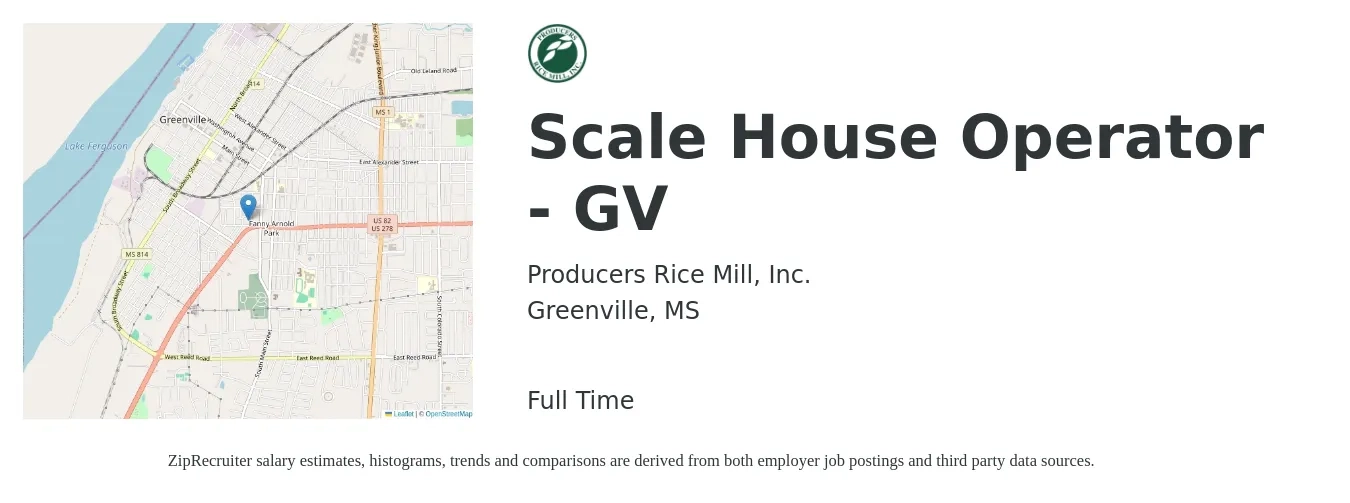Producers Rice Mill, Inc. job posting for a Scale House Operator - GV in Greenville, MS with a salary of $14 to $19 Hourly with a map of Greenville location.