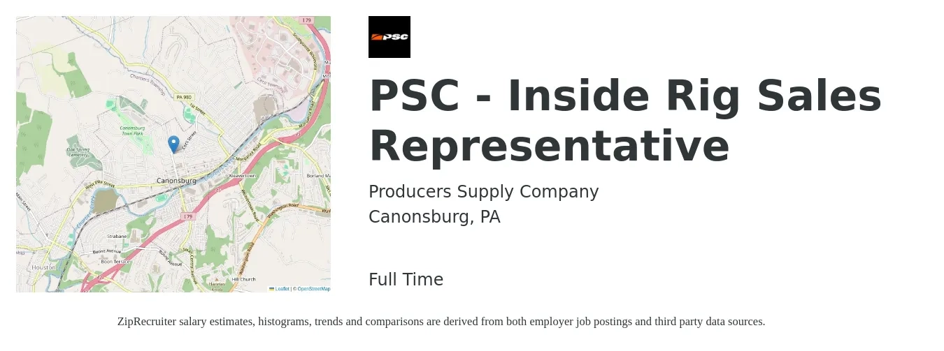 Producers Supply Company job posting for a PSC - Inside Rig Sales Representative in Canonsburg, PA with a salary of $36,300 to $54,200 Yearly with a map of Canonsburg location.
