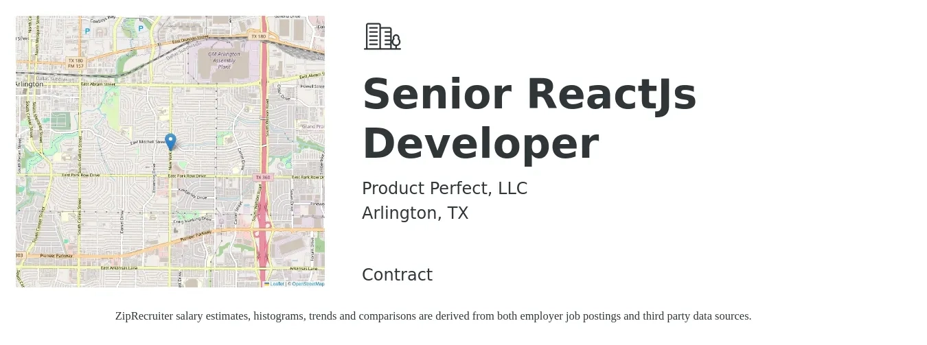 Product Perfect, LLC job posting for a Senior ReactJs Developer in Arlington, TX with a salary of $49 to $65 Hourly with a map of Arlington location.