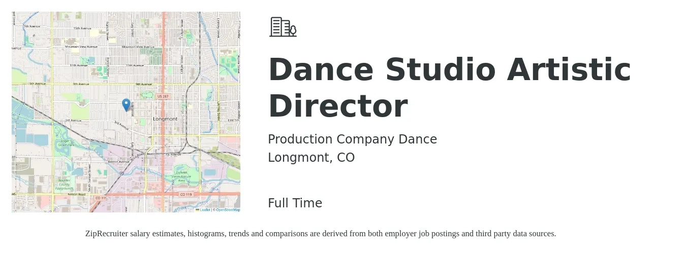 Production Company Dance job posting for a Dance Studio Artistic Director in Longmont, CO with a salary of $45,000 to $55,000 Yearly with a map of Longmont location.