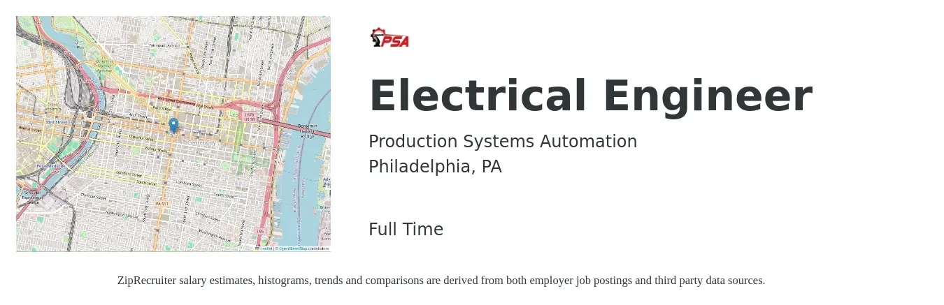Production Systems Automation job posting for a Electrical Engineer in Philadelphia, PA with a salary of $83,800 to $133,200 Yearly with a map of Philadelphia location.