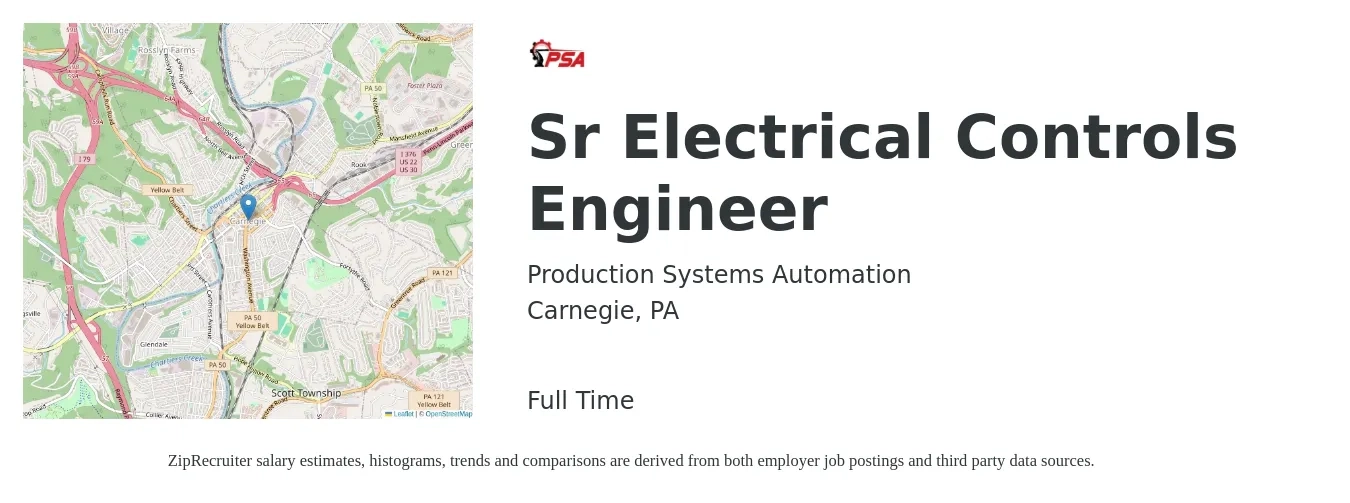 Production Systems Automation job posting for a Sr Electrical Controls Engineer in Carnegie, PA with a salary of $110,000 to $150,000 Yearly with a map of Carnegie location.