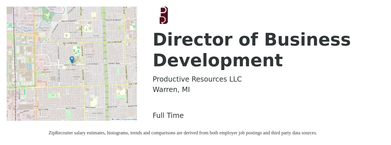 Productive Resources LLC job posting for a Director of Business Development in Warren, MI with a salary of $87,800 to $142,200 Yearly with a map of Warren location.