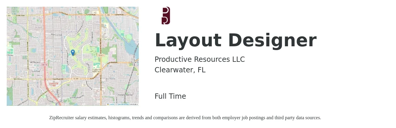 Productive Resources LLC job posting for a Layout Designer in Clearwater, FL with a salary of $16 to $54 Hourly with a map of Clearwater location.