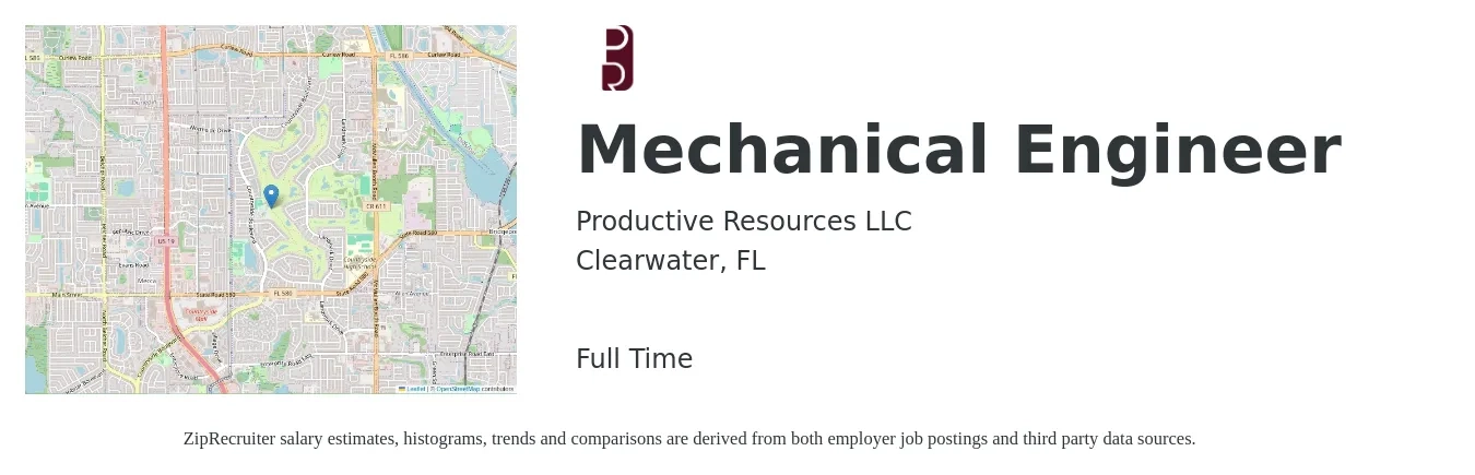 Productive Resources LLC job posting for a Mechanical Engineer in Clearwater, FL with a salary of $71,900 to $111,700 Yearly with a map of Clearwater location.