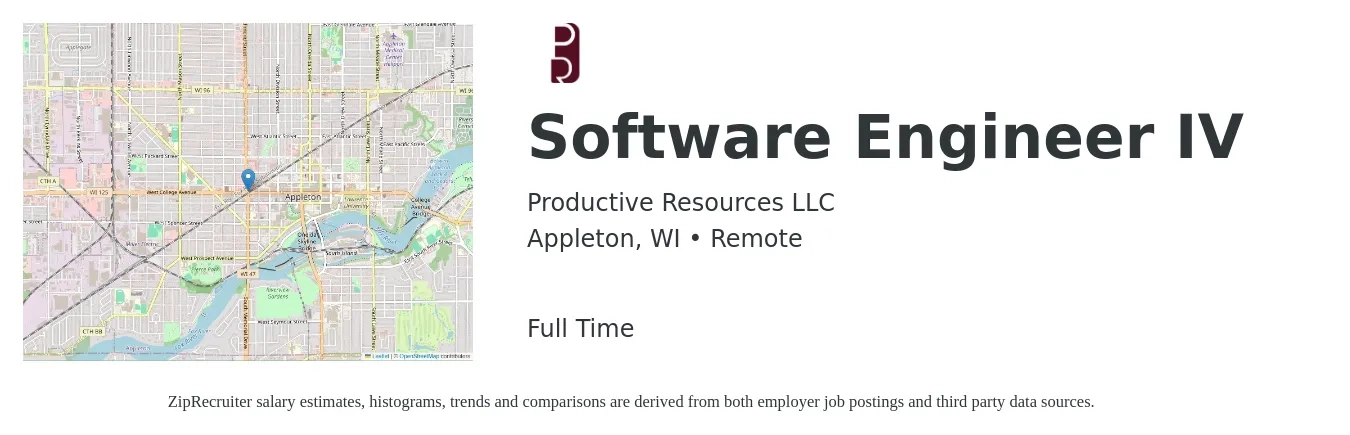 Productive Resources LLC job posting for a Software Engineer IV in Appleton, WI with a salary of $117,000 to $168,700 Yearly with a map of Appleton location.