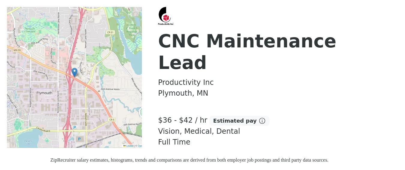Productivity Inc job posting for a CNC Maintenance Lead in Plymouth, MN with a salary of $38 to $44 Hourly with a map of Plymouth location.