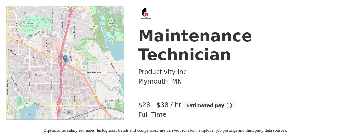 Productivity Inc job posting for a Maintenance Technician in Plymouth, MN with a salary of $30 to $40 Hourly with a map of Plymouth location.