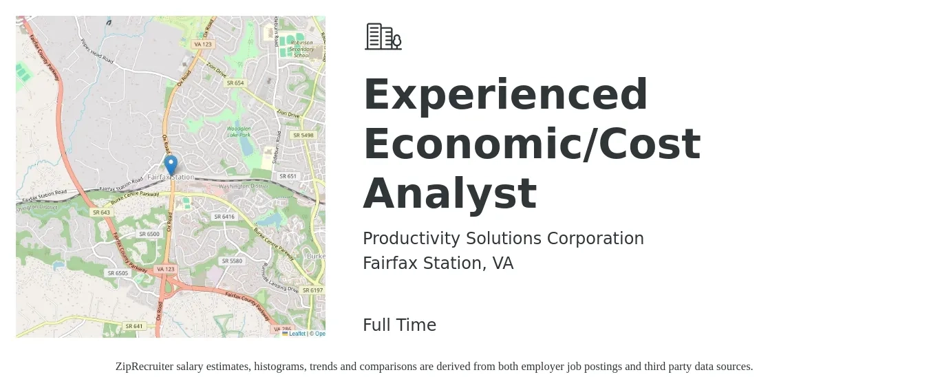 Productivity Solutions Corporation job posting for a Experienced Economic/Cost Analyst in Fairfax Station, VA with a salary of $69,000 to $99,800 Yearly with a map of Fairfax Station location.