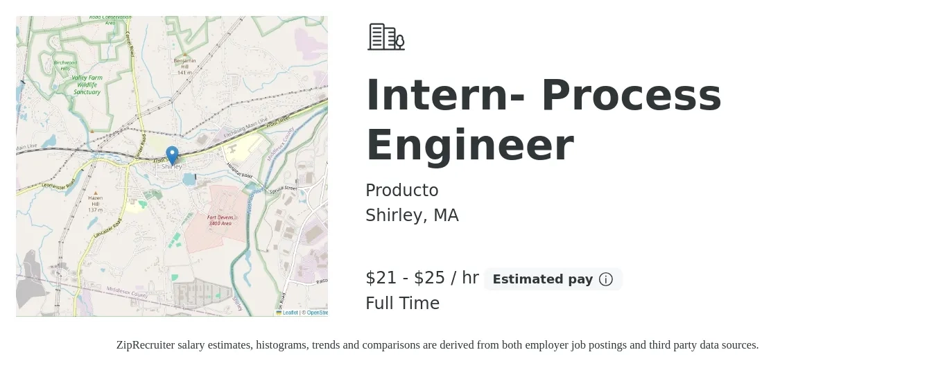 Producto job posting for a Intern- Process Engineer in Shirley, MA with a salary of $22 to $27 Hourly with a map of Shirley location.
