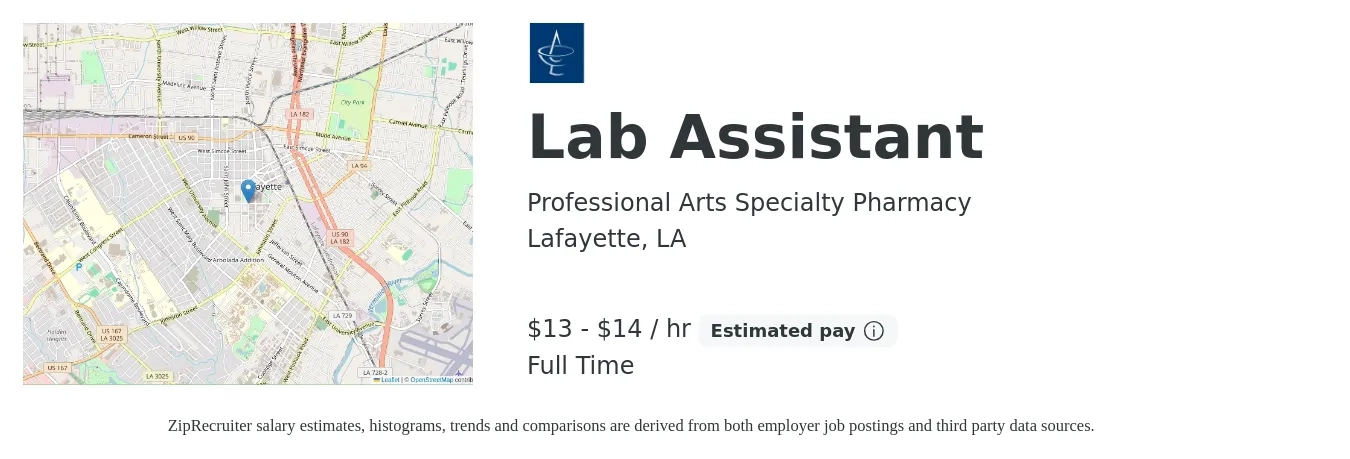 Professional Arts Specialty Pharmacy job posting for a Lab Assistant in Lafayette, LA with a salary of $14 to $15 Hourly with a map of Lafayette location.