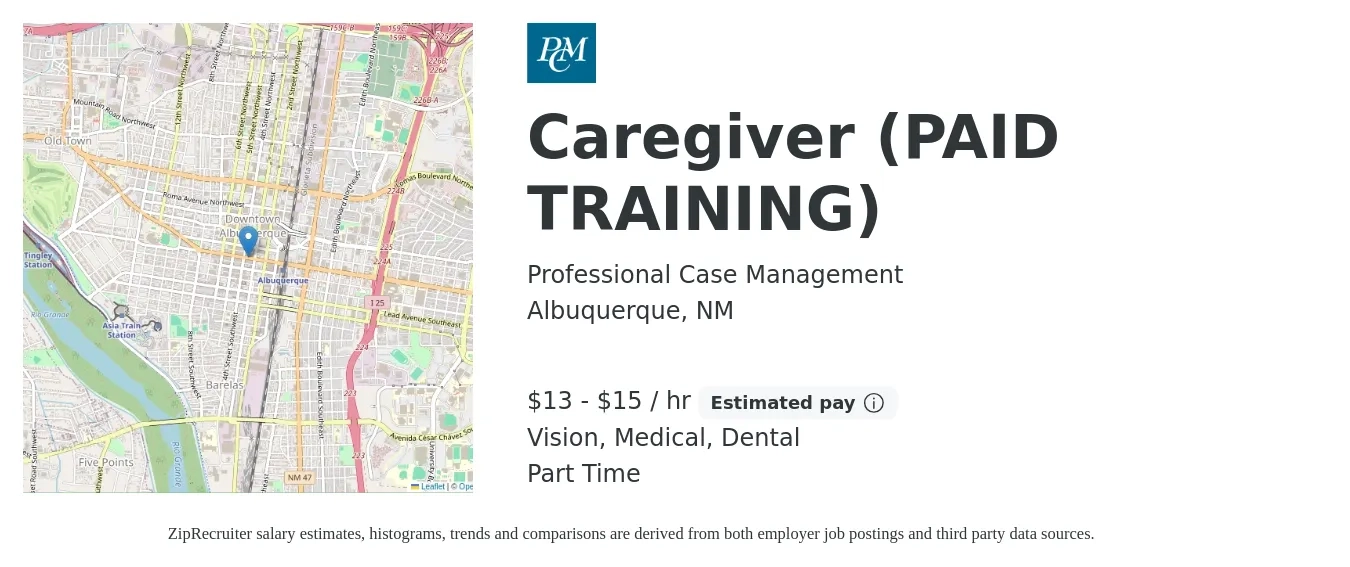 Professional Case Management job posting for a Caregiver (PAID TRAINING) in Albuquerque, NM with a salary of $14 to $16 Hourly and benefits including vision, dental, and medical with a map of Albuquerque location.