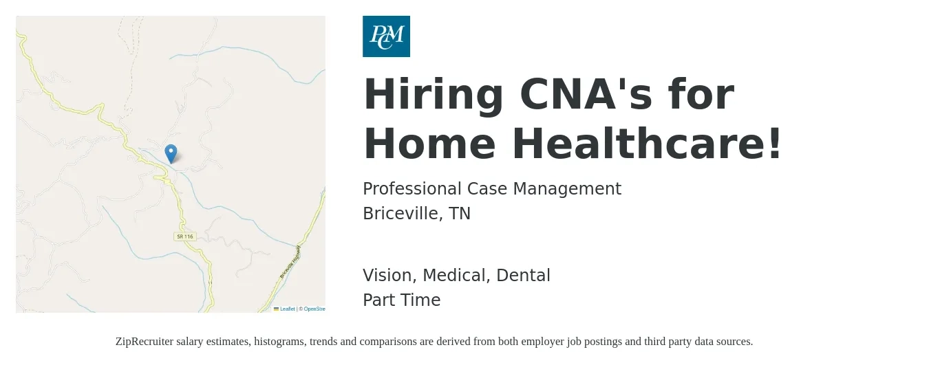 Professional Case Management job posting for a Hiring CNA's for Home Healthcare! in Briceville, TN with a salary of $13 to $17 Hourly and benefits including vision, dental, and medical with a map of Briceville location.