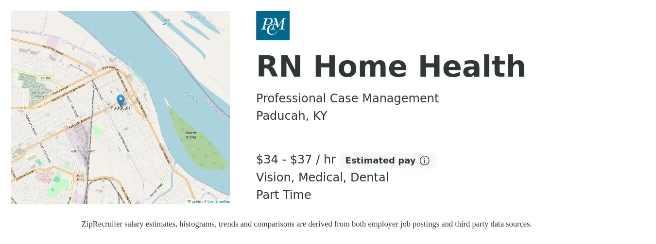 Professional Case Management job posting for a RN Home Health in Paducah, KY with a salary of $36 to $38 Hourly and benefits including vision, dental, and medical with a map of Paducah location.