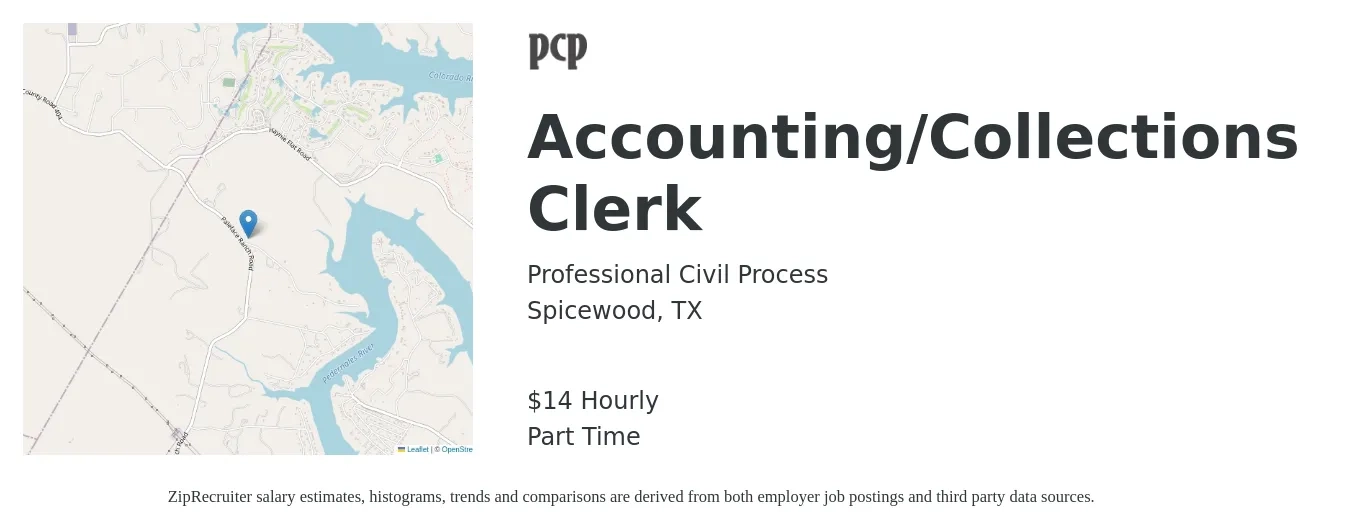 Professional Civil Process job posting for a Accounting/Collections Clerk in Spicewood, TX with a salary of $15 Hourly with a map of Spicewood location.