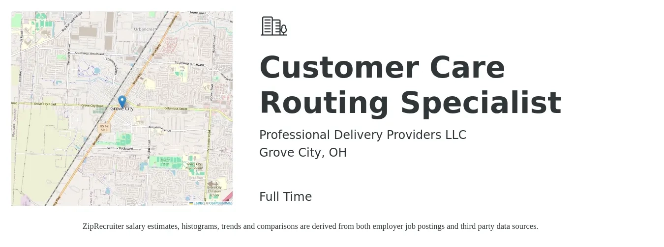 Professional Delivery Providers LLC job posting for a Customer Care Routing Specialist in Grove City, OH with a salary of $16 to $21 Hourly with a map of Grove City location.
