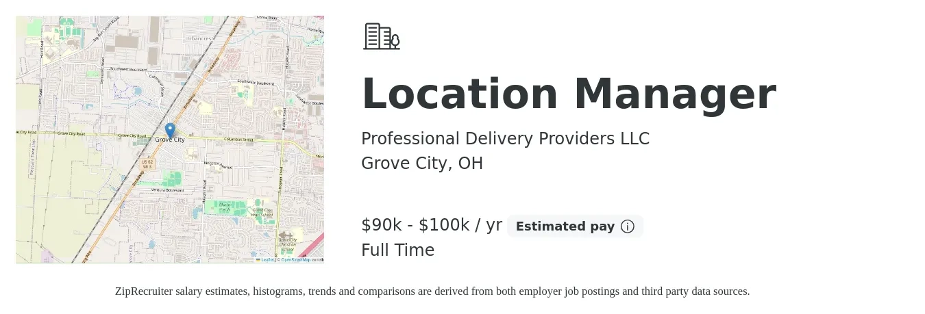 Professional Delivery Providers LLC job posting for a Location Manager in Grove City, OH with a salary of $90,000 to $100,000 Yearly with a map of Grove City location.