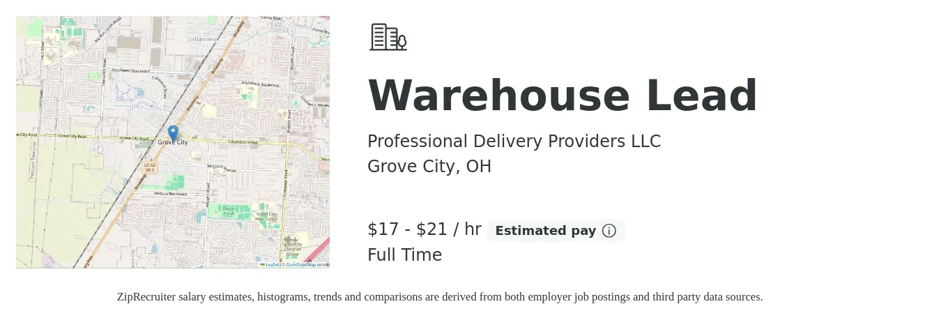 Professional Delivery Providers LLC job posting for a Warehouse Lead in Grove City, OH with a salary of $17 to $22 Hourly with a map of Grove City location.
