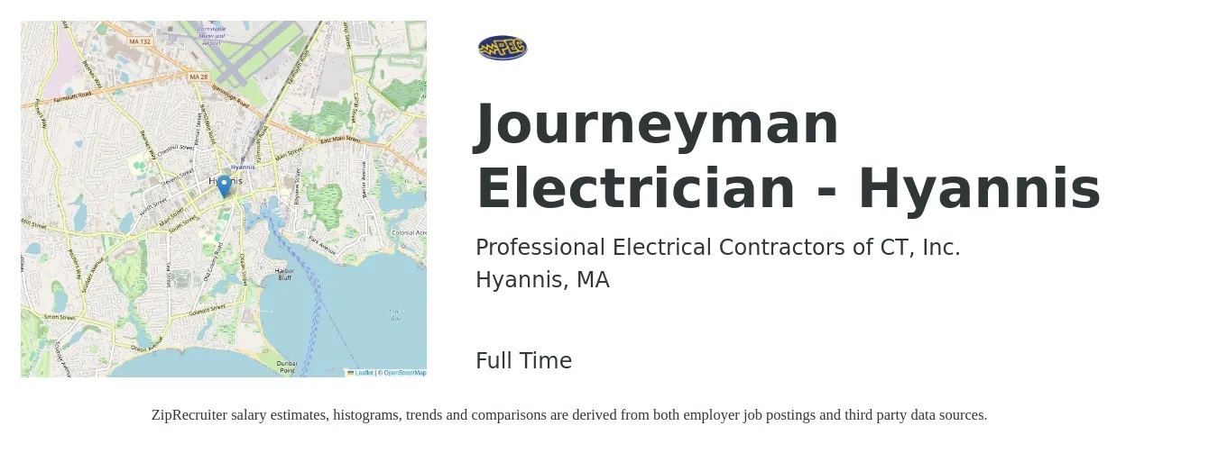 Professional Electrical Contractors of CT, Inc. job posting for a Journeyman Electrician - Hyannis in Hyannis, MA with a salary of $30 to $40 Hourly with a map of Hyannis location.