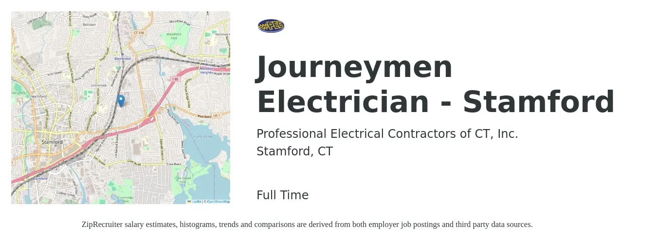 Professional Electrical Contractors of CT, Inc. job posting for a Journeymen Electrician - Stamford in Stamford, CT with a salary of $30 to $40 Hourly with a map of Stamford location.