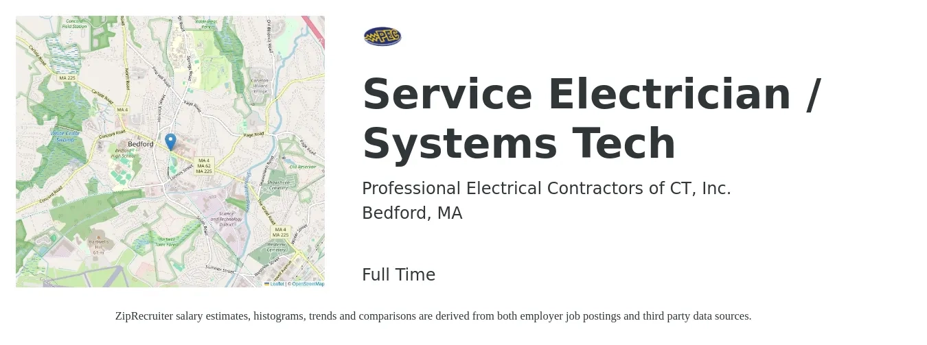 Professional Electrical Contractors of CT, Inc. job posting for a Service Electrician / Systems Tech in Bedford, MA with a salary of $27 to $35 Hourly with a map of Bedford location.
