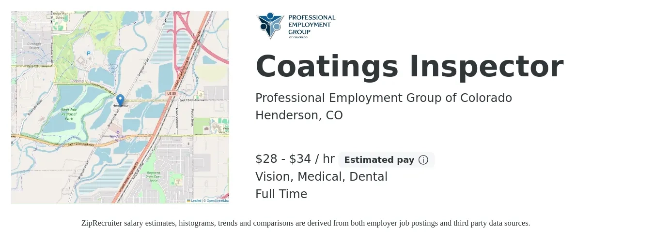 Professional Employment Group of Colorado job posting for a Coatings Inspector in Henderson, CO with a salary of $30 to $36 Hourly and benefits including dental, medical, retirement, and vision with a map of Henderson location.