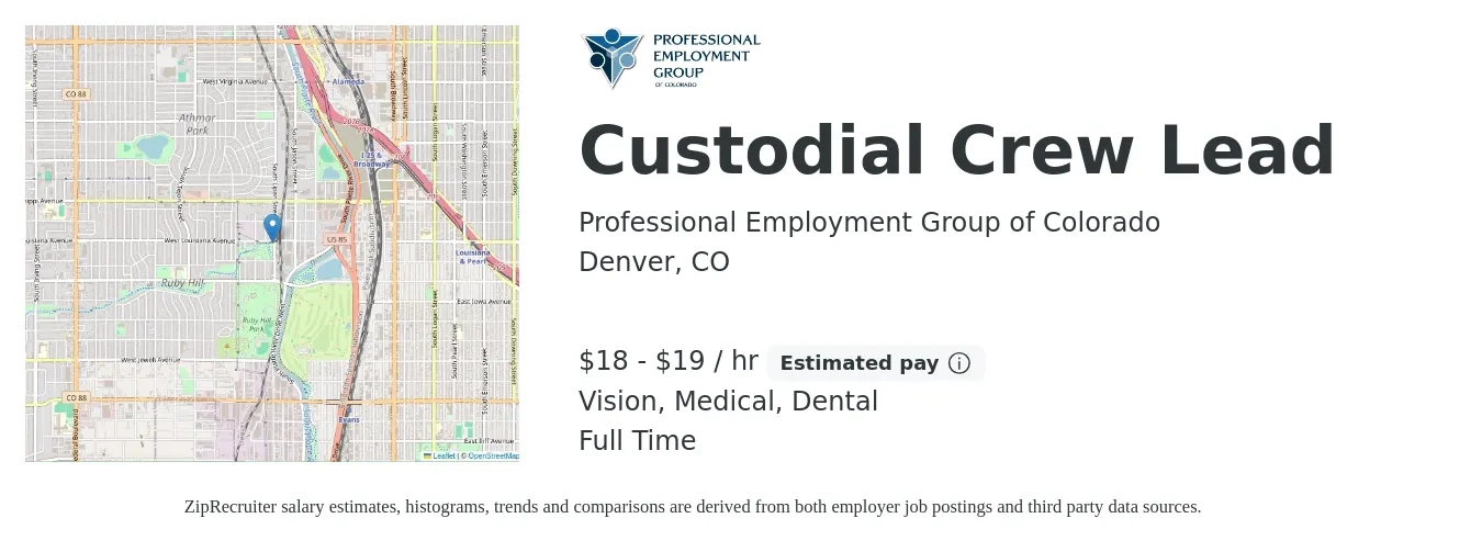 Professional Employment Group of Colorado job posting for a Custodial Crew Lead in Denver, CO with a salary of $20 to $20 Hourly and benefits including medical, vision, dental, and life_insurance with a map of Denver location.