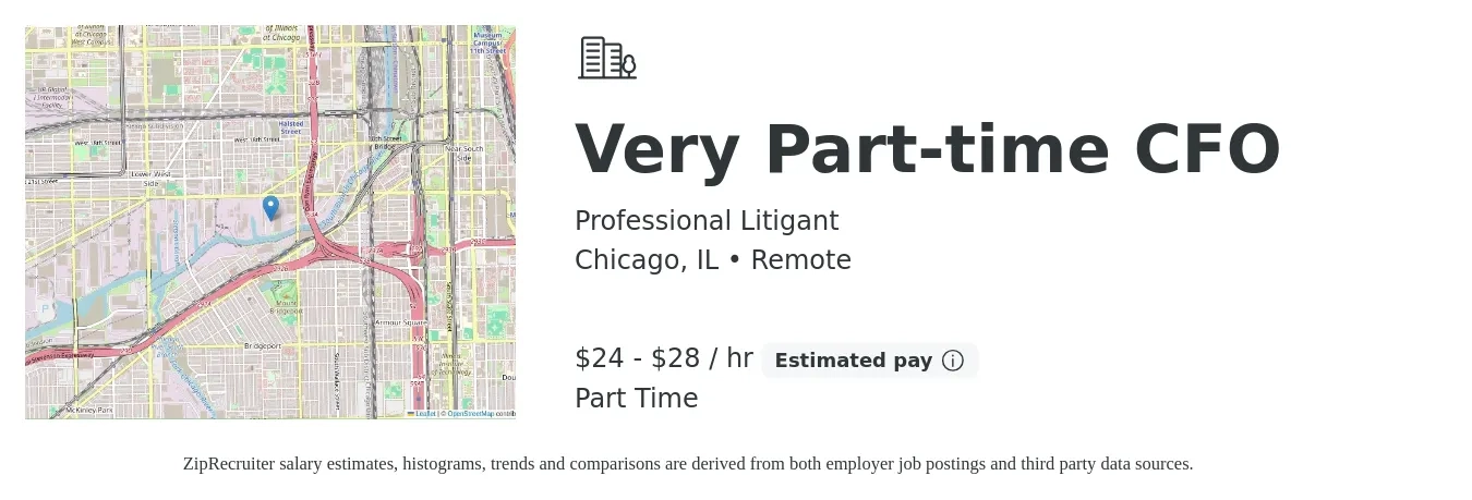 Professional Litigant job posting for a Very Part-time CFO in Chicago, IL with a salary of $25 to $30 Hourly with a map of Chicago location.