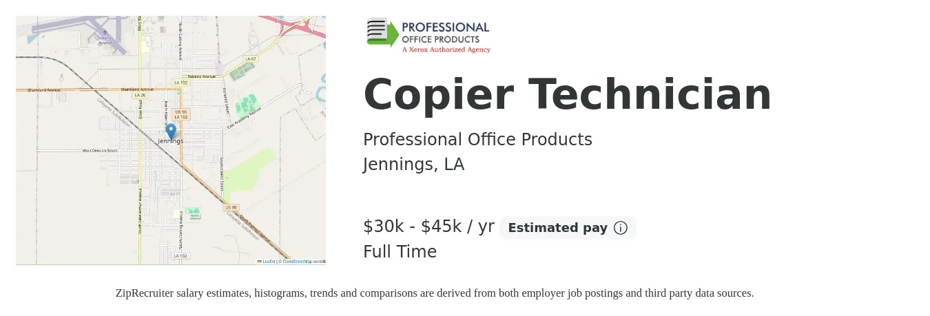 Professional Office Products job posting for a Copier Technician in Jennings, LA with a salary of $30,000 to $45,000 Yearly and benefits including retirement with a map of Jennings location.