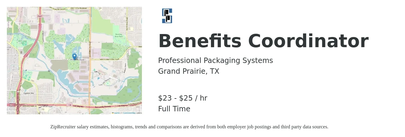 Professional Packaging Systems job posting for a Benefits Coordinator in Grand Prairie, TX with a salary of $24 to $26 Hourly with a map of Grand Prairie location.