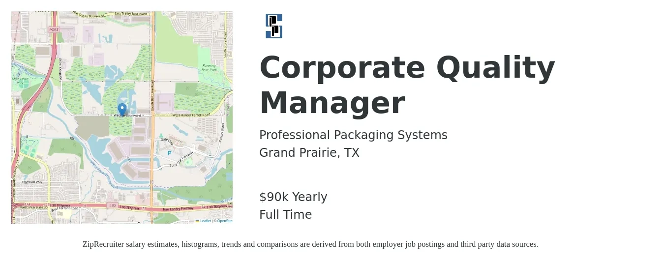 Professional Packaging Systems job posting for a Corporate Quality Manager in Grand Prairie, TX with a salary of $90,000 Yearly with a map of Grand Prairie location.