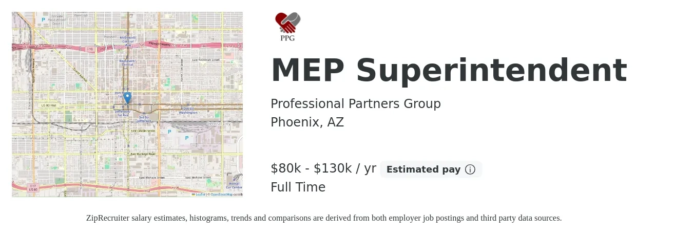 Professional Partners Group job posting for a MEP Superintendent in Phoenix, AZ with a salary of $80,000 to $130,000 Yearly with a map of Phoenix location.