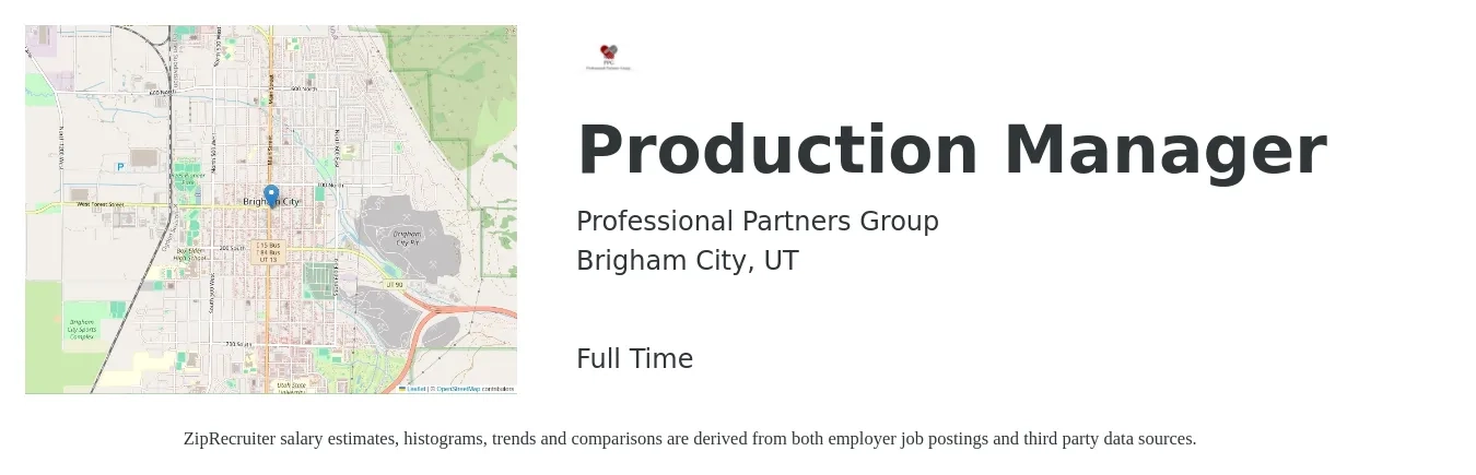 Professional Partners Group job posting for a Production Manager in Brigham City, UT with a salary of $80,000 to $90,000 Yearly and benefits including pto, retirement, vision, dental, life_insurance, and medical with a map of Brigham City location.