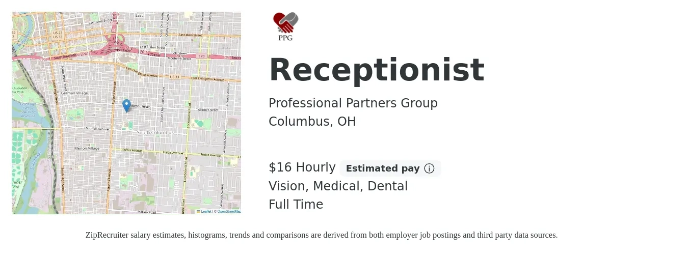 Professional Partners Group job posting for a Receptionist in Columbus, OH with a salary of $17 Hourly (plus commission) and benefits including life_insurance, medical, pto, vision, and dental with a map of Columbus location.