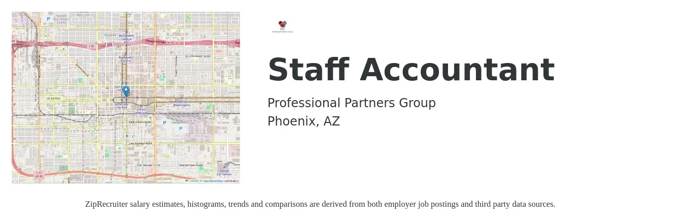 Professional Partners Group job posting for a Staff Accountant in Phoenix, AZ with a salary of $60,000 to $75,000 Yearly and benefits including retirement, vision, dental, life_insurance, medical, and pto with a map of Phoenix location.