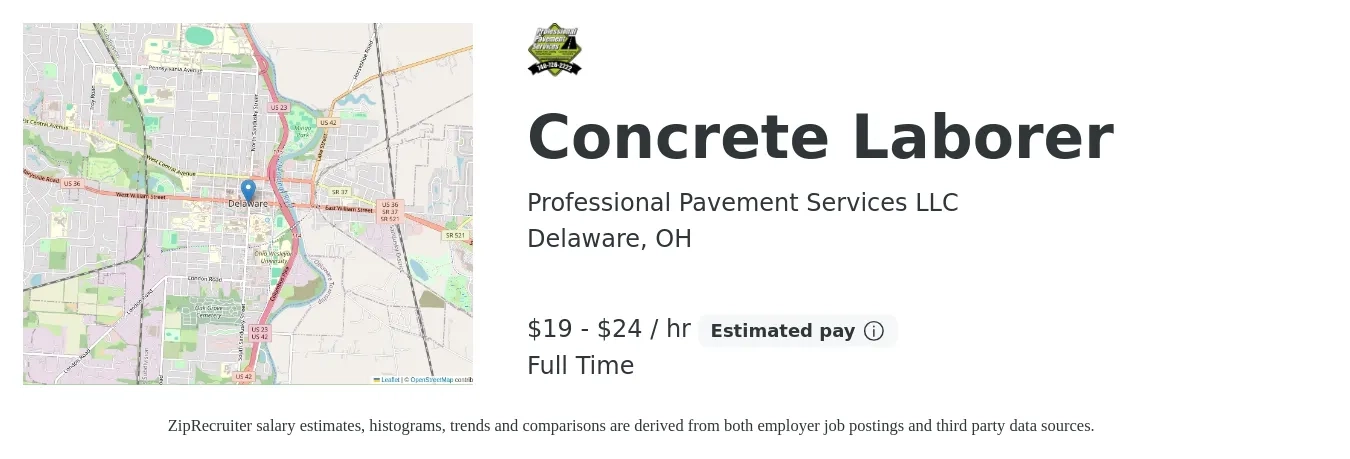 Professional Pavement Services LLC job posting for a Concrete Laborer in Delaware, OH with a salary of $20 to $25 Hourly with a map of Delaware location.