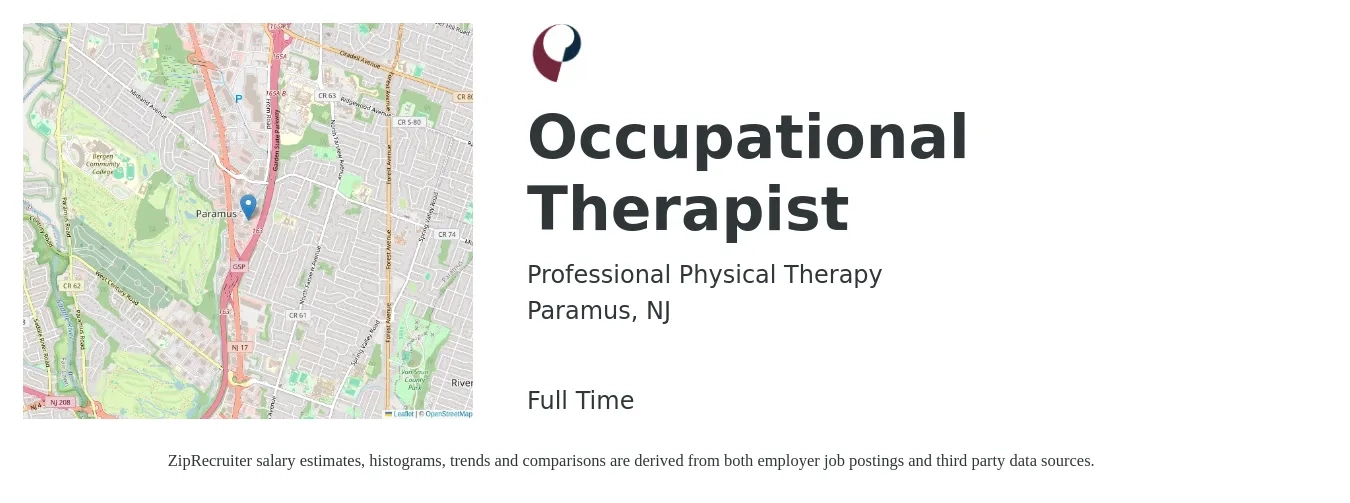 Professional Physical Therapy job posting for a Occupational Therapist in Paramus, NJ with a salary of $41 to $54 Hourly with a map of Paramus location.