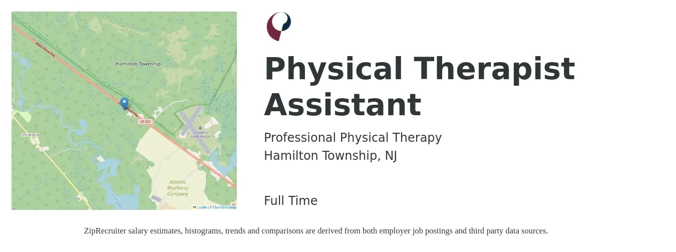 Professional Physical Therapy job posting for a Physical Therapist Assistant in Hamilton Township, NJ with a salary of $27 to $36 Hourly with a map of Hamilton Township location.