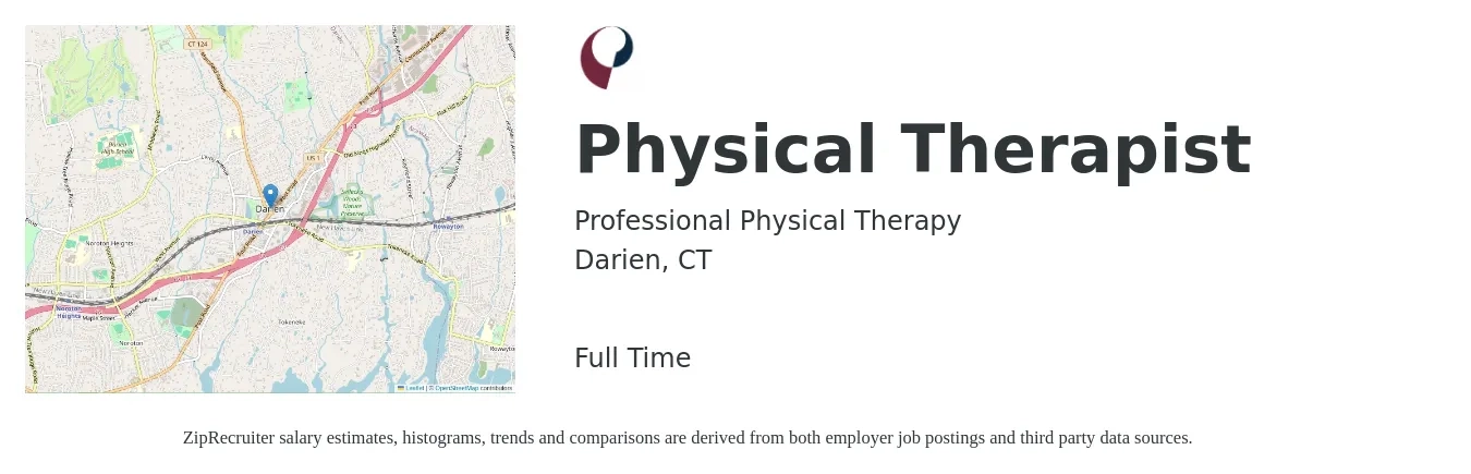 Professional Physical Therapy job posting for a Physical Therapist in Darien, CT with a salary of $85,000 to $105,000 Yearly with a map of Darien location.