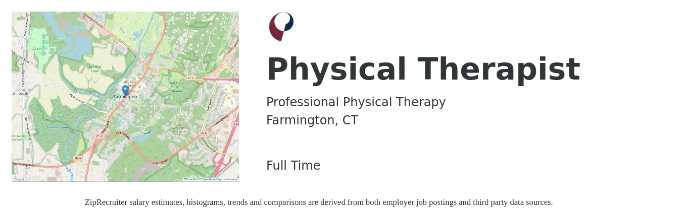Professional Physical Therapy job posting for a Physical Therapist in Farmington, CT with a salary of $1,760 to $2,280 Weekly with a map of Farmington location.