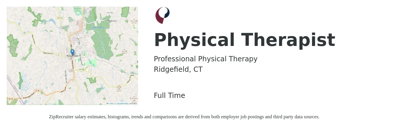 Professional Physical Therapy job posting for a Physical Therapist in Ridgefield, CT with a salary of $85,000 to $105,000 Yearly with a map of Ridgefield location.